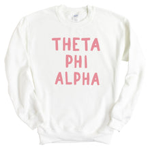 Load image into Gallery viewer, Theta Phi Alpha Sweatshirt | Theta Phi Pink Bubble Letters Crewneck Sweatshirt | Theta Phi Alpha Sorority Gift Idea - Kite and Crest