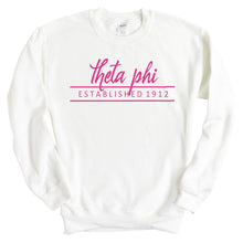 Load image into Gallery viewer, Theta Phi Alpha Sweatshirt | Theta Phi Pink Established Crewneck Sweatshirt | Theta Phi Alpha Sorority Gift Idea - Kite and Crest