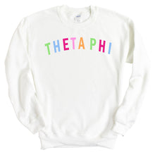 Load image into Gallery viewer, Theta Phi Alpha Sweatshirt | Theta Phi Rainbow Letter Crewneck Sweatshirt | Theta Phi Alpha Sorority Gift Idea - Kite and Crest