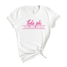 Load image into Gallery viewer, Theta Phi Alpha T-Shirt | Theta Phi Pink Established Shirt | Theta Phi Alpha Sorority Gift Idea - Kite and Crest