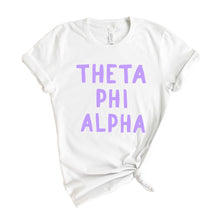 Load image into Gallery viewer, Theta Phi Alpha T-shirt - Theta Phi Purple Bubble Letters Tee - Kite and Crest