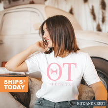 Load image into Gallery viewer, Theta Tau Classic Pink Letters Comfort Colors T-Shirt - Kite and Crest