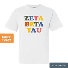 Load image into Gallery viewer, Zeta Beta Tau Comfort Colors T-Shirt - Zeta Beta Tau Retro Letters Shirt - Kite and Crest