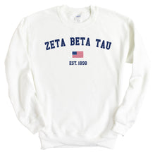 Load image into Gallery viewer, Zeta Beta Tau Sweatshirt - Zeta Beta Tau USA Flag Crewneck Sweatshirt - Kite and Crest