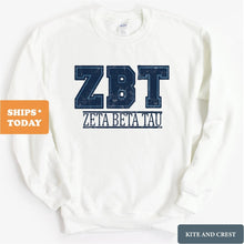 Load image into Gallery viewer, Zeta Beta Tau Sweatshirt - Zeta Beta Tau Washed Letters Crewneck Sweatshirt - Kite and Crest