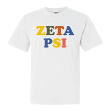 Load image into Gallery viewer, Zeta Psi Comfort Colors T-Shirt - Zete Retro Letters Shirt - Kite and Crest