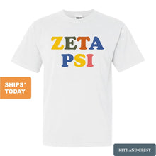 Load image into Gallery viewer, Zeta Psi Comfort Colors T-Shirt - Zete Retro Letters Shirt - Kite and Crest
