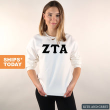 Load image into Gallery viewer, Zeta Tau Alpha Sweatshirt | Zeta (ZTA) Basic Black Letters Crewneck Sweatshirt | Zeta Tau Alpha Sorority Gift Idea - Kite and Crest