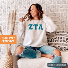 Load image into Gallery viewer, Zeta Tau Alpha Sweatshirt | Zeta (ZTA) Basic Large Letters Crewneck Sweatshirt | Zeta Tau Alpha Sorority Gift Idea - Kite and Crest
