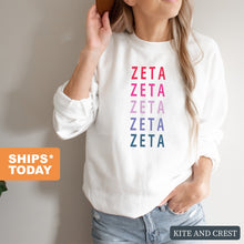 Load image into Gallery viewer, Zeta Tau Alpha Sweatshirt - Zeta (ZTA) Bright and Stacked Crewneck Sweatshirt - Kite and Crest