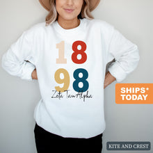 Load image into Gallery viewer, Zeta Tau Alpha Sweatshirt | Zeta (ZTA) Colorful Year Crewneck Sweatshirt | Zeta Tau Alpha Sorority Gift Idea - Kite and Crest