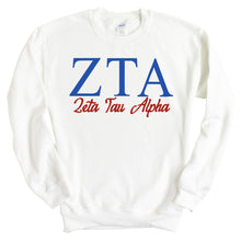 Load image into Gallery viewer, Zeta Tau Alpha Sweatshirt | Zeta (ZTA) Red and Blue Crewneck Sweatshirt | Zeta Tau Alpha Sorority Gift Idea - Kite and Crest