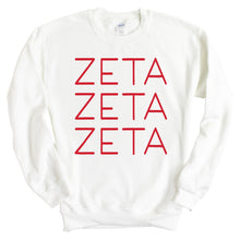 Load image into Gallery viewer, Zeta Tau Alpha Sweatshirt | Zeta (ZTA) Red and Stacked Crewneck Sweatshirt | Zeta Tau Alpha Sorority Gift Idea - Kite and Crest