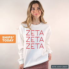 Load image into Gallery viewer, Zeta Tau Alpha Sweatshirt | Zeta (ZTA) Red and Stacked Crewneck Sweatshirt | Zeta Tau Alpha Sorority Gift Idea - Kite and Crest