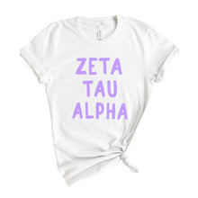 Load image into Gallery viewer, Zeta Tau Alpha T-shirt - Zeta Purple Bubble Letters Tee - Kite and Crest