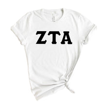 Load image into Gallery viewer, Zeta Tau Alpha T-Shirt | Zeta (ZTA) Basic Black Letters Shirt | Zeta Tau Alpha Sorority Gift Idea - Kite and Crest