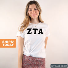 Load image into Gallery viewer, Zeta Tau Alpha T-Shirt | Zeta (ZTA) Basic Black Letters Shirt | Zeta Tau Alpha Sorority Gift Idea - Kite and Crest