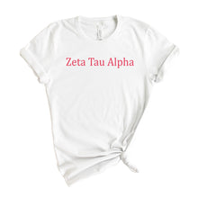 Load image into Gallery viewer, Zeta Tau Alpha T-Shirt | Zeta (ZTA) Basic Written Shirt | Zeta Tau Alpha Sorority Gift Idea - Kite and Crest