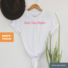 Load image into Gallery viewer, Zeta Tau Alpha T-Shirt | Zeta (ZTA) Basic Written Shirt | Zeta Tau Alpha Sorority Gift Idea - Kite and Crest