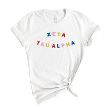 Load image into Gallery viewer, Zeta Tau Alpha T-Shirt | Zeta (ZTA) Circular Colorful Shirt | Zeta Tau Alpha Sorority Gift Idea - Kite and Crest