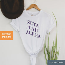 Load image into Gallery viewer, Zeta Tau Alpha T-Shirt | Zeta (ZTA) Large and Wavy Letters Shirt | Zeta Tau Alpha Sorority Gift Idea - Kite and Crest