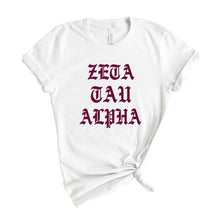 Load image into Gallery viewer, Zeta Tau Alpha T-Shirt | Zeta (ZTA) Old Type Written Shirt | Zeta Tau Alpha Sorority Gift Idea - Kite and Crest
