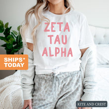 Load image into Gallery viewer, Zeta Tau Alpha T-Shirt | Zeta (ZTA) Pink Bubble Letters Shirt | Zeta Tau Alpha Sorority Gift Idea - Kite and Crest