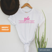 Load image into Gallery viewer, Zeta Tau Alpha T-Shirt | Zeta (ZTA) Pink Established Shirt | Zeta Tau Alpha Sorority Gift Idea - Kite and Crest