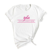 Load image into Gallery viewer, Zeta Tau Alpha T-Shirt | Zeta (ZTA) Pink Established Shirt | Zeta Tau Alpha Sorority Gift Idea - Kite and Crest