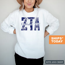 Load image into Gallery viewer, ZTA Zeta Tau Alpha Blue Floral Sorority Crewneck Sweatshirt - Kite and Crest