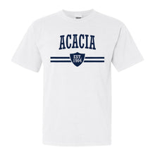 Load image into Gallery viewer, Acacia Striped Shield Comfort Colors T-Shirt - Fraternity Tee - Kite and Crest
