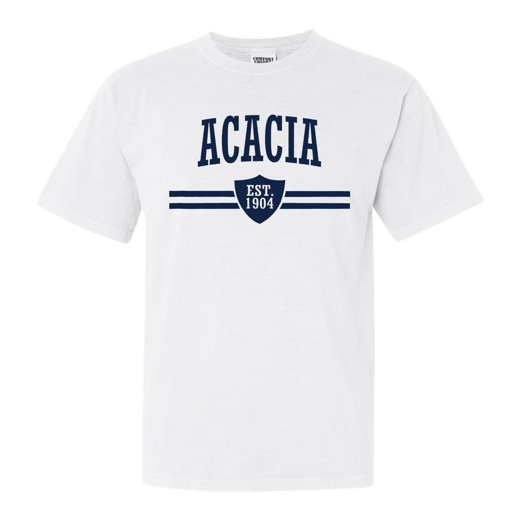 Acacia Striped Shield Comfort Colors T-Shirt - Fraternity Tee - Kite and Crest
