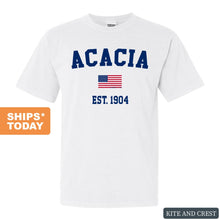 Load image into Gallery viewer, Acacia USA Flag Comfort Colors T-Shirt - Fraternity Tee - Kite and Crest
