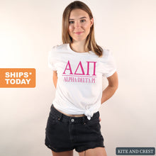 Load image into Gallery viewer, ADPi Alpha Delta Pi Big Letters Sorority T-Shirt - Kite and Crest
