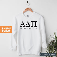 Load image into Gallery viewer, ADPI Alpha Delta Pi Block Letter Sorority Crewneck Sweatshirt - Kite and Crest
