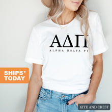 Load image into Gallery viewer, ADPI Alpha Delta Pi Block Letter Sorority T-Shirt - Kite and Crest
