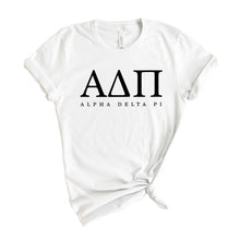 Load image into Gallery viewer, ADPI Alpha Delta Pi Block Letter Sorority T-Shirt - Kite and Crest
