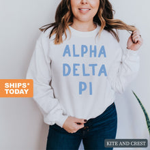 Load image into Gallery viewer, ADPI Alpha Delta Pi Blue Bubble Letter Sorority Crewneck Sweatshirt - Kite and Crest
