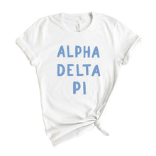 Load image into Gallery viewer, ADPI Alpha Delta Pi Blue Bubble Letter Sorority T-Shirt - Kite and Crest
