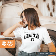 Load image into Gallery viewer, ADPI Alpha Delta Pi Established Sorority T-Shirt - Kite and Crest
