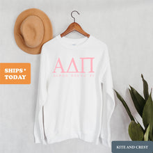 Load image into Gallery viewer, ADPI Alpha Delta Pi Pink Letter Sorority Crewneck Sweatshirt - Kite and Crest
