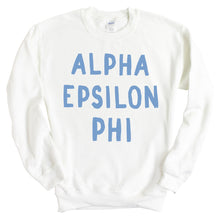 Load image into Gallery viewer, AEPHI Alpha Epsilon Phi Blue Bubble Letter Sorority Crewneck Sweatshirt - Kite and Crest
