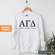 Load image into Gallery viewer, AGD Alpha Gamma Delta Block Letter Sorority Crewneck Sweatshirt - Kite and Crest
