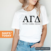 Load image into Gallery viewer, AGD Alpha Gamma Delta Block Letter Sorority T-Shirt - Kite and Crest
