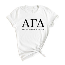 Load image into Gallery viewer, AGD Alpha Gamma Delta Block Letter Sorority T-Shirt - Kite and Crest
