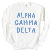 Load image into Gallery viewer, AGD Alpha Gamma Delta Blue Bubble Letter Sorority Crewneck Sweatshirt - Kite and Crest
