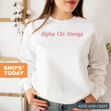 Load image into Gallery viewer, Alpha Chi Omega Sweatshirt | ACHIO Basic Written Crewneck Sweatshirt | Alpha Chi Omega Sorority Gift Idea - Kite and Crest
