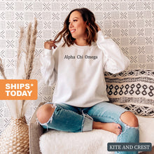 Load image into Gallery viewer, Alpha Chi Omega Sweatshirt - ACHIO Black Written Crewneck Sweatshirt - Kite and Crest
