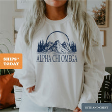 Load image into Gallery viewer, Alpha Chi Omega Sweatshirt | ACHIO Epic Mountains Crewneck Sweatshirt | Alpha Chi Omega Sorority Gift Idea - Kite and Crest
