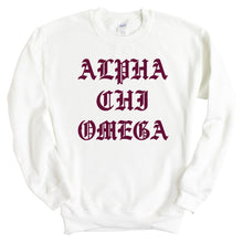 Load image into Gallery viewer, Alpha Chi Omega Sweatshirt | ACHIO Old Type Written Crewneck Sweatshirt | Alpha Chi Omega Sorority Gift Idea - Kite and Crest

